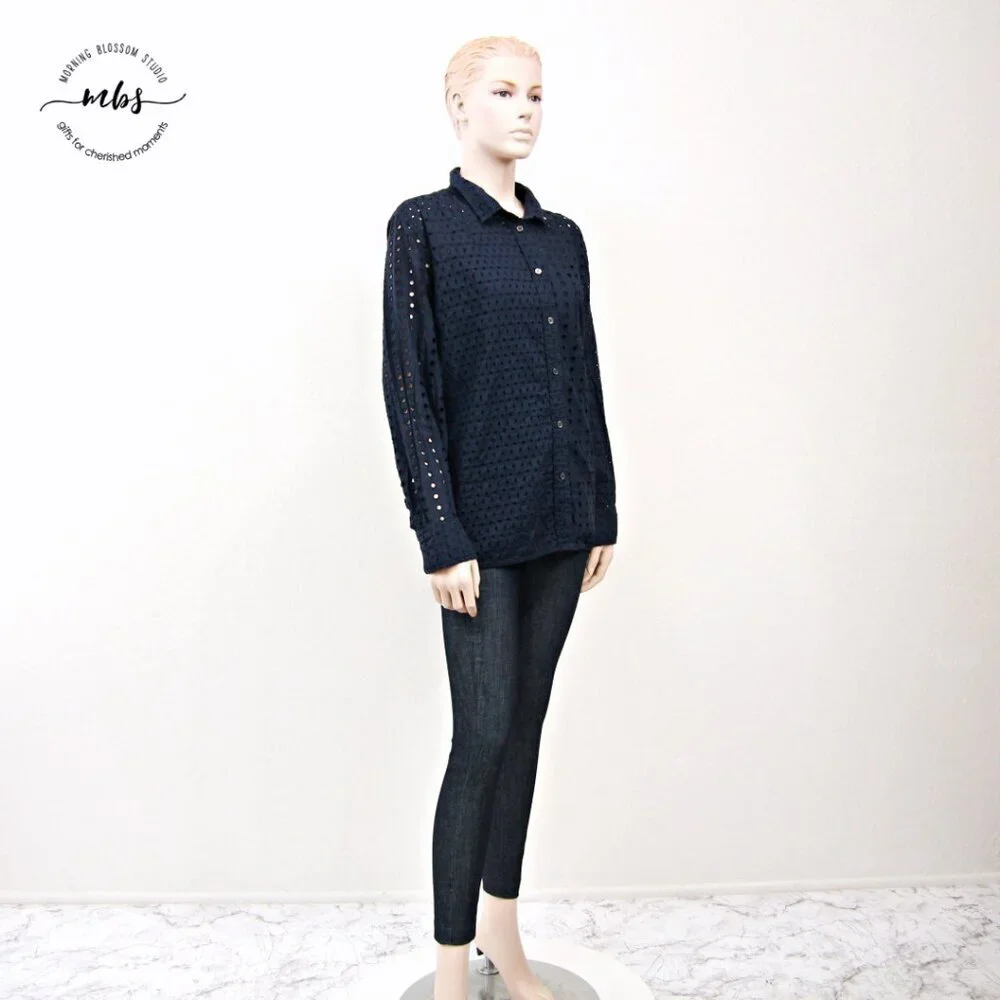 J. Crew Classic Fit Eyelet Button Down Cotton Shirt With Camisole Navy Women 3X